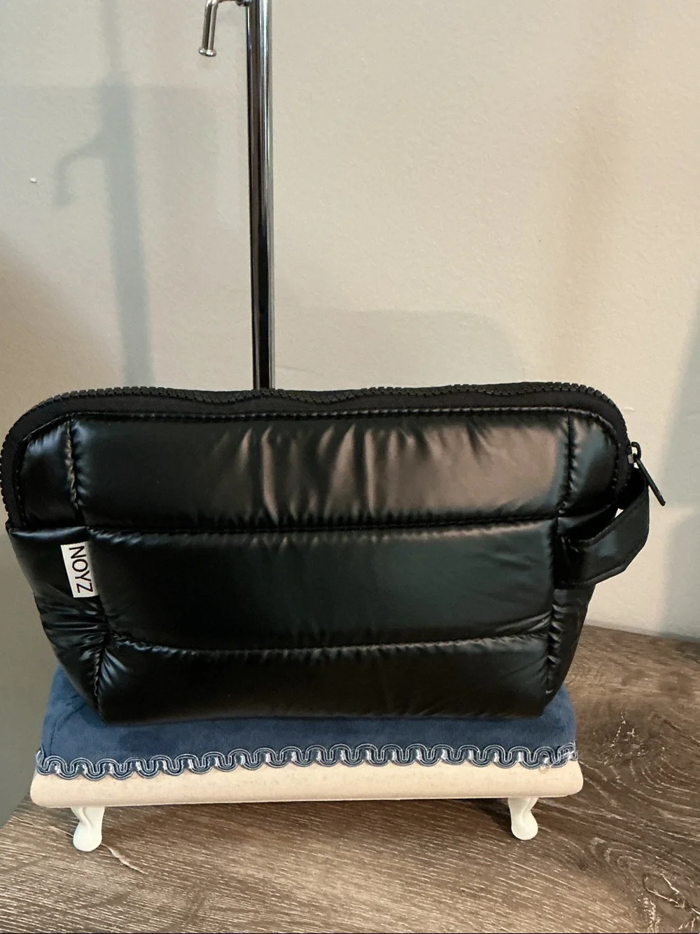 NOYZ Black Quilted Puffer Cosmetic Bag Embroidered Logo 7.75x5.75x3.5 NEW